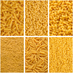 Collage of various raw dry yellow pasta.Fusilli, macaroni pipe, cavatappi pasta, noodles, penne pasta, small shell .