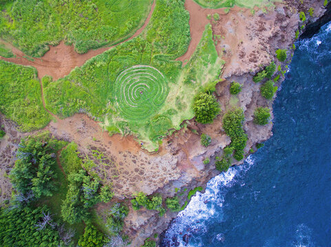 Aerial view of Hawaiian Coastline and Classical Labyrinth