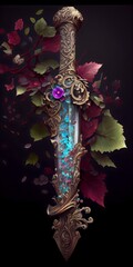 Sword in the stone excalibur, illustration of Magical sword reclaimed by nature in the stone with light rays in a dark forest. generative AI
