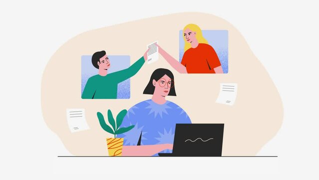 Online working concept. Remote job. Animation of woman working on laptop and two people in background exchanging documents. People meeting online animation. Video conference remote. Work from home 