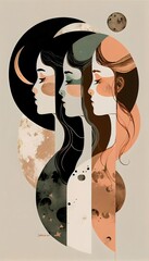 symbol art of luna sisters illustration, magic triple phase of moon,  astrology esoteric background, generative ai, sign of goddess and witchcraft, simple bohemian style art