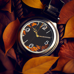 Quartz watch under the autumn leaves. Created by AI tool.