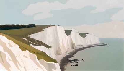 white cliffs by the ocean, generative ai art, flat art with pastel colours
