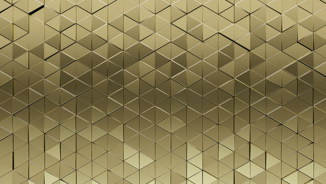 Glossy, Gold Tiles arranged to create a 3D, Background formed from Triangular, Polished blocks. 3D Render