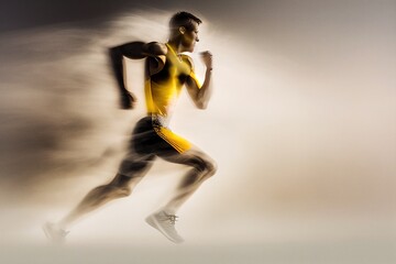 Fototapeta na wymiar Silhouette of male runner in the clouds of dust, blurred in motion, stunning illustration generated by Ai, is not based on any original image, character or person