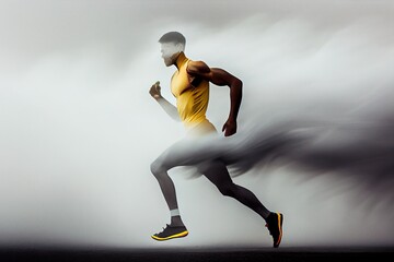Fototapeta na wymiar Silhouette of male runner in the clouds of dust, blurred in motion, stunning illustration generated by Ai, is not based on any original image, character or person