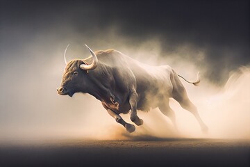 Gorgeous bull running through the clouds of dust, stunning illustration generated by Ai, is not based on any original image, character or person