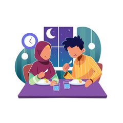 A woman and a man are eating Ramadan suhoor at a table.