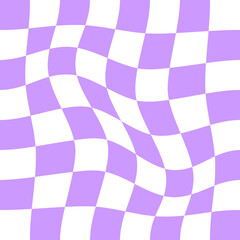 Distorted chessboard background. Checkered optical illusion. Psychedelic y2k pattern with warped purple and white squares. Plaid or flag texture. Trippy checkerboard surface
