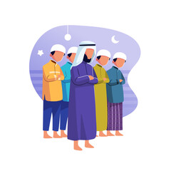 Illustration of a group of men standing in front of a blue background to offer prayers