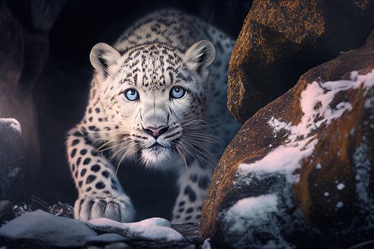 Majestic white jaguar or leopard hiding in the snowy rocks. Photorealistic generative art, is not based on any specific real image or character