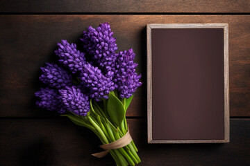 A bouquet of hyacinth flowers on a wooden table with copy space, Generative AI