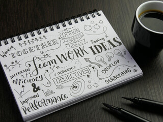 TEAMWORK sketch notes in notebook with cup of coffee and pens on black wooden desk