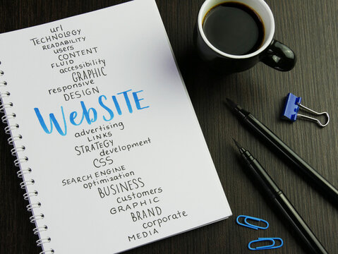 WEBSITE with related terms handwritten in notebook with cup of coffee and pens on black wooden desk