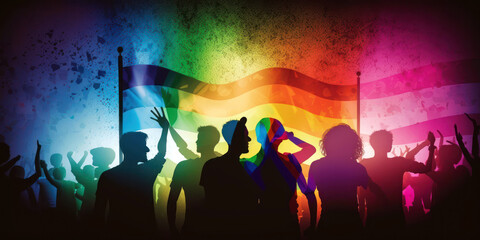 LGBTQ pride festival, people celebrating, rainbow colors flag and lights. Generative AI