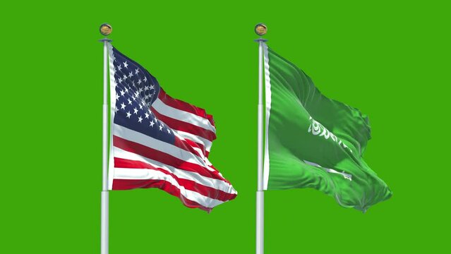 US and Saudi Arabia flags flying on green screen background with 4k resolution, 60fps