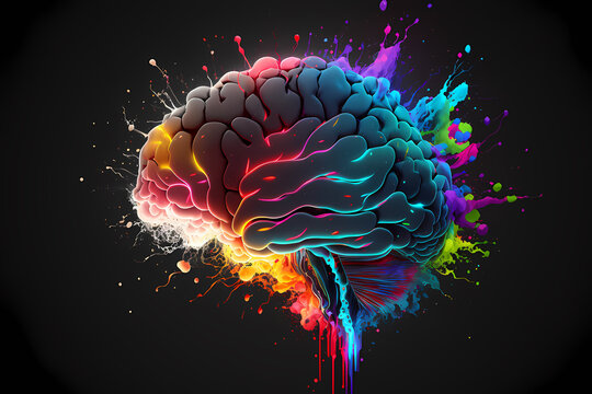 Colorful human brain exploding with knowledge and creativity. Science fantasy concept. Generative AI