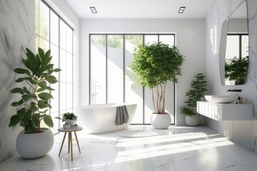 Fototapeta premium Stunning frontal view of a contemporary master bathroom with white marble walls, a freestanding tub, a concrete floor, and some potted houseplants. The room is beautiful, and I especially like the win
