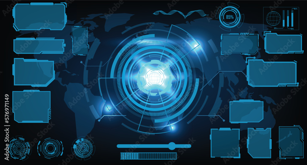 Wall mural digital interface hud elements set pack. user interface, frame screens. callouts titles, fui circle 