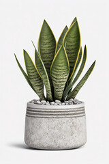 Sansevieria in a grey stone pot isolated on white background. Created with Generative AI