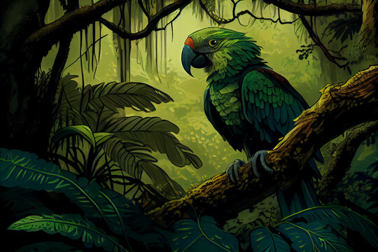 Parrotin in forest in comic art.