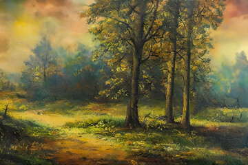 Fototapeta na wymiar Vintage Autumnal Landscape: Oil Painting of a Serene Forest Scene