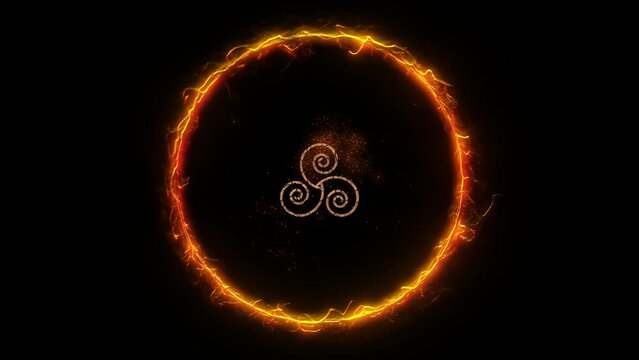 Mystic symbol of cracked stone esoteric triskele rotating within ring of blazing fire on black background. Animation for occult and spiritual concepts