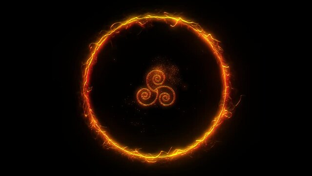 Mystic symbol of incandescent esoteric Celtic Triskel rotating inside ring of burning blazing fire on black background. Animation for occult and spiritual concepts