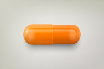 Vector 3d Realistic Orange Pharmaceutical Medical Pill, Capsule, Tablet on White Background. Front View. Copy Space. Medicine, Health Concept