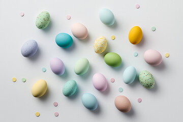 Colourful easter eggs on white background top view, Easter traditions, colored decorated eggs with dots. AI generated image.