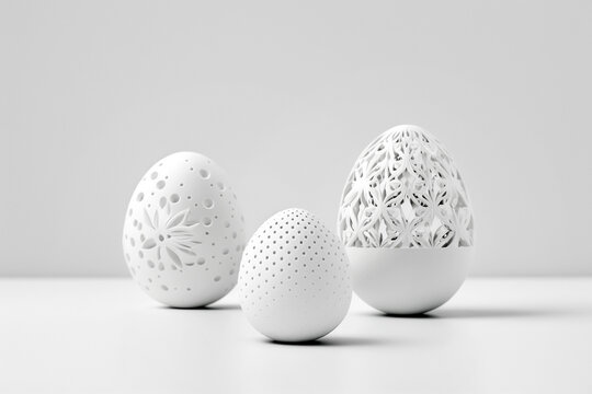 Creative concept, white carved Easter eggs on white background, minimal Easter greeting card. AI generated image.