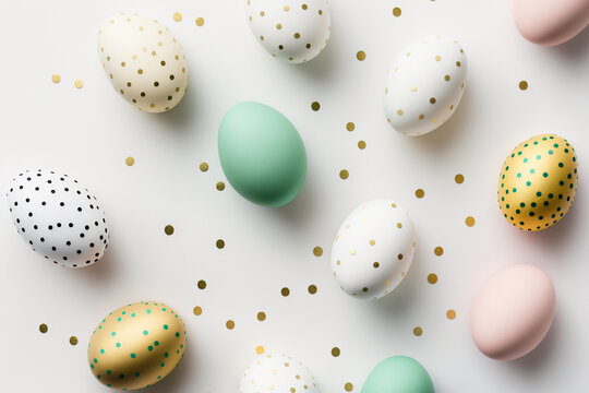 Colourful easter eggs on white background top view, Easter traditions, colored decorated eggs with dots. AI generated image.
