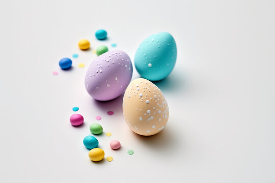 Colourful easter eggs on white background top view, Easter traditions, colored decorated eggs with dots. AI generated image.