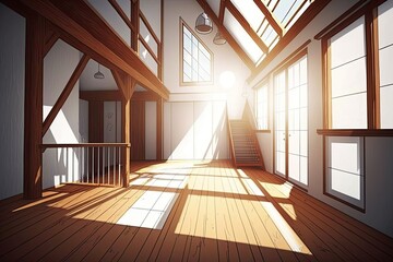 Loft space, white walls, bright sunlight, wooden floors. Generative AI
