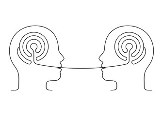 People talk, logic speech, understanding conversation, outline. Maze logic thinking brain. Psychotherapy communication. Conversation two person, dialog speak. Vector line - obrazy, fototapety, plakaty