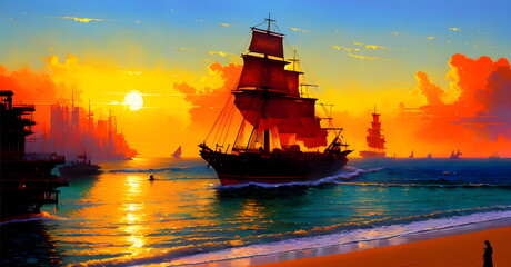 Obraz na płótnie Canvas Landscape Beach Ocean Sunset, Childrens book illustration Generative AI Fantasy Digital Art