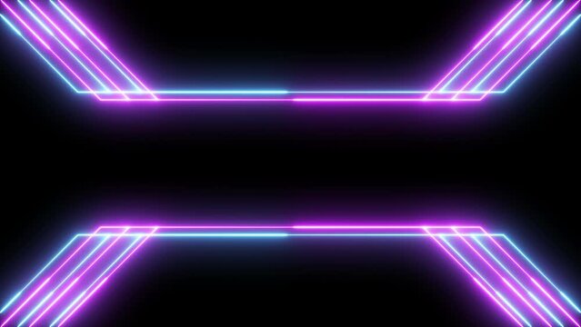 Neon glowing purple blue laser lines animation black background. Seamless loop