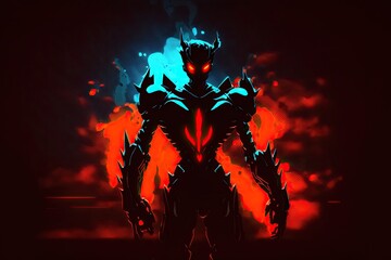 picture of a scary cyberpunk monster with glowing red eyes next to a nighttime background. A mutant from the future, clad only in metal armor, stands in silhouette. Sci fi alien concept art