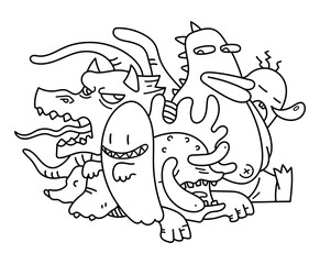 Cute creatures doodle, hand drawn doodle of adorable creatures with no color, isolated on white background.