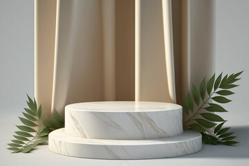 Natural marble step pedestal. Curtain background and  podium display with leaf shadow, matte painting, for product advertisement or display.