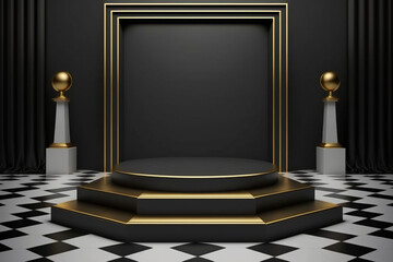 Golden And Black Marble surrounded with Classic podium, Modern, Luxury Columns with round podium, Pillar Background With Display for Products or Advertisement, 3D Illustration