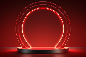 Abstract 3d modern red neon background. Shiny frame with copy space. Glowing round arch over cylinder podium, empty performance stage, blank platform for product displaying or advertisement.