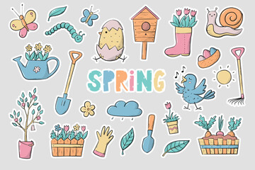 set of 25 Spring pre made stickers with white edge, good for planners, prints, cards, sublimation, scrapbooking, stationary, etc. EPS 10 © Натали Осипова