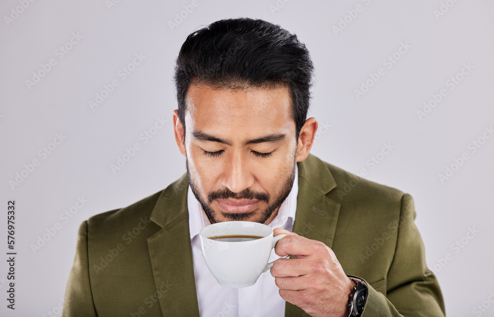 Wall mural Coffee, smell and man in studio drink for energy, caffeine boost and relaxing for cafe breakfast. Happiness, aroma scent and calm male with latte, cappuccino and beverage in cup on white background