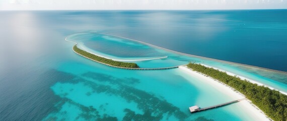 Fototapeta premium Tropical island in the ocean with palm trees and white sand. Generative AI.