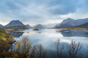 Autumn scenery of coast of Lofoten, Norway
