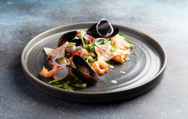 Seafood salad in a bowl.