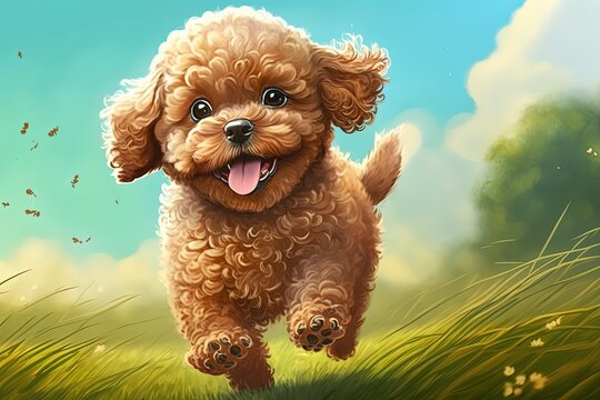 Running joyfully toward the camera is a grinching small brown poodle puppy in a lush green field. Lovely pet and reliable companion. Unrestricted room for copying and pasting. Generative AI