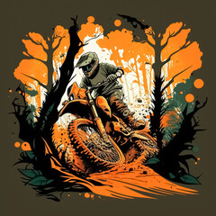a person riding a orange motorcycle Motocross Dirt Bike in the forest cartoon Extreme Sports in Nature. Created with Generative AI technology.
