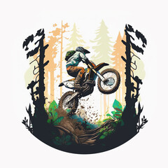 a person riding motorcycle Motocross Dirt Bike in the forest cartoon Extreme Sports in Nature white background. Created with Generative AI technology.